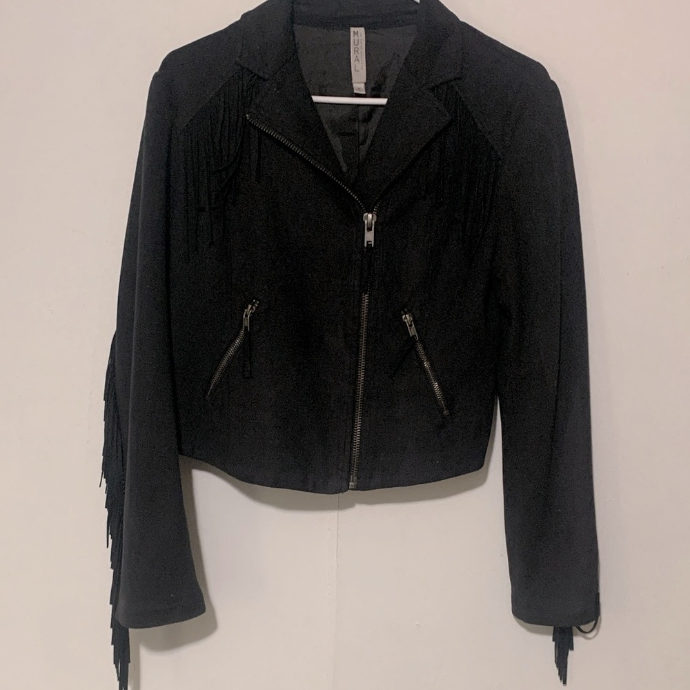 Mural Black Women’s Faux Leather Jacket with Fringe